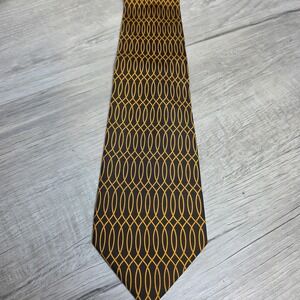 Vintage Gucci Silk Necktie Black Gold 60-inch Interlocking Oval Lattice Italy